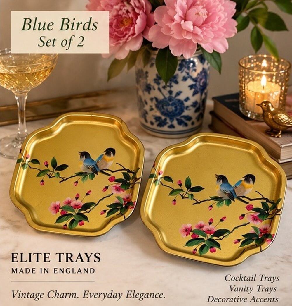 Vintage Elite Trays England Blue Bird Floral Cocktail Trays Pair 7.5”